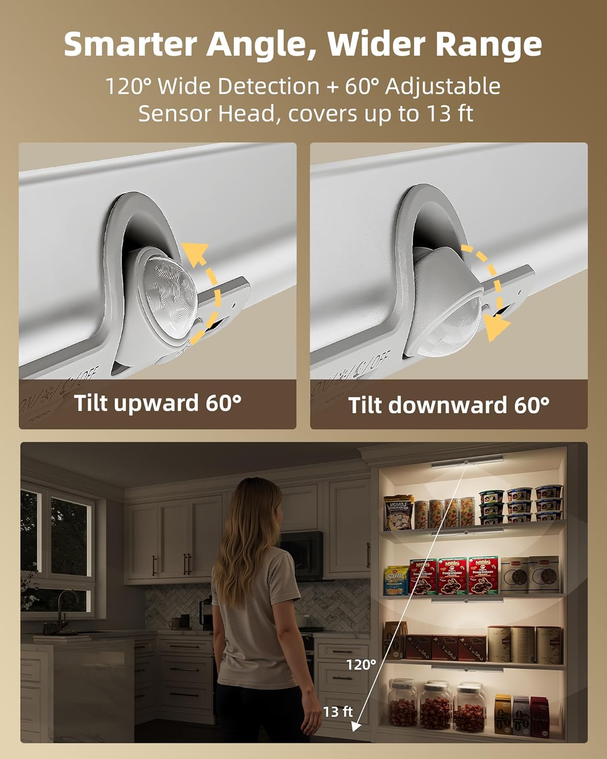 EZVALO 15in Motion Closet Lights with Rotatable Sensor, Rechargeable Under Cabinet Lighting, No-Glare, 3 Color Temps & Dimmable LED Sensor Light Indoor for Pantry, Wardrobe - 2Pack - Image 3