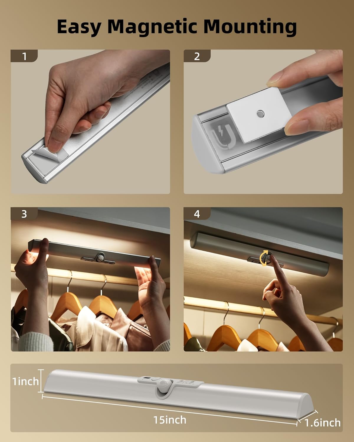 EZVALO 15in Motion Closet Lights with Rotatable Sensor, Rechargeable Under Cabinet Lighting, No-Glare, 3 Color Temps & Dimmable LED Sensor Light Indoor for Pantry, Wardrobe - 2Pack - Image 7