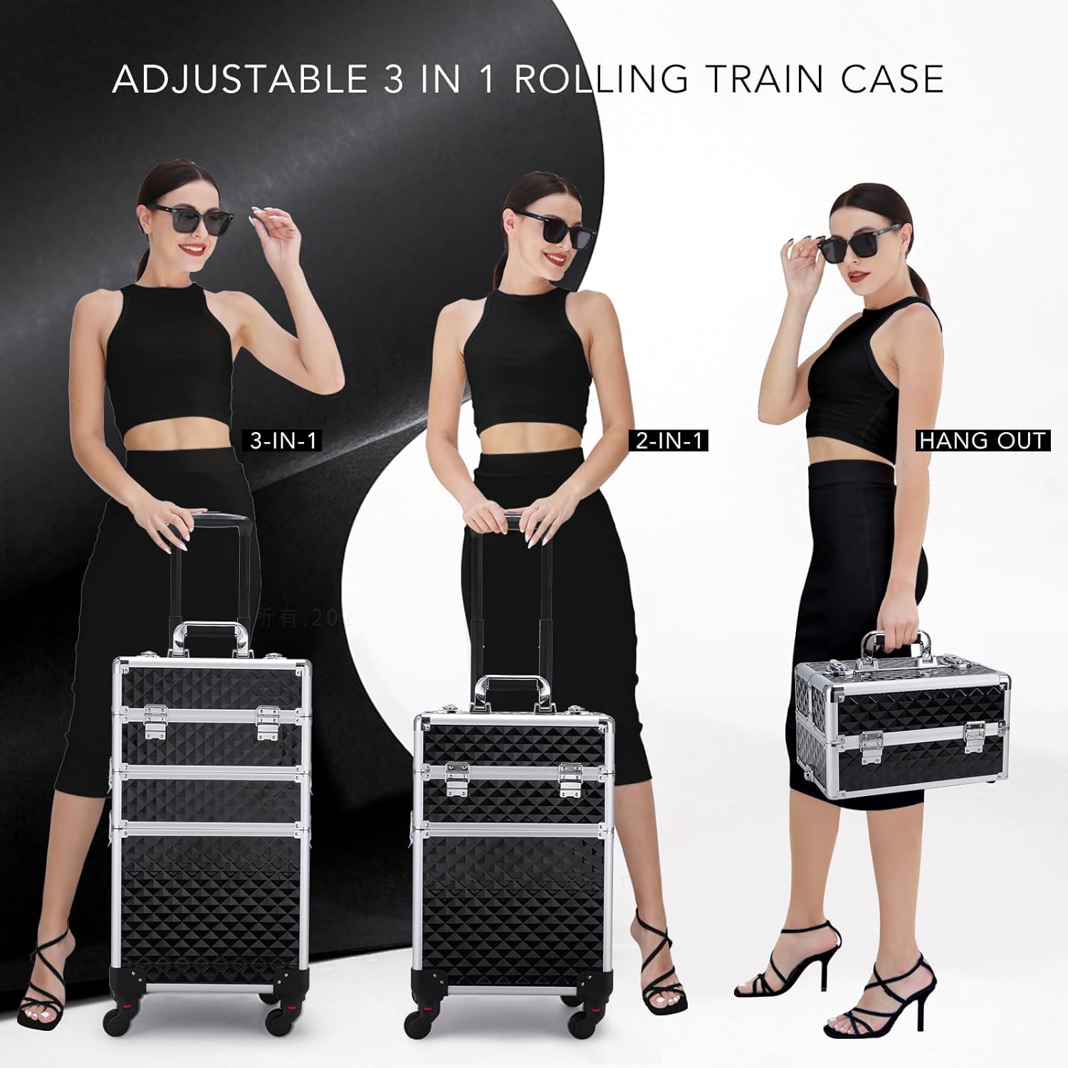 FRENESSA 3 in 1 Rolling Makeup Train Case Professional Cosmetic Trolley Large Storage with Keys Swivel Wheels Salon Barber Case Traveling Cart Trunk for Make Up Hairstylists Nail Tech, Vintage Black - Image 4