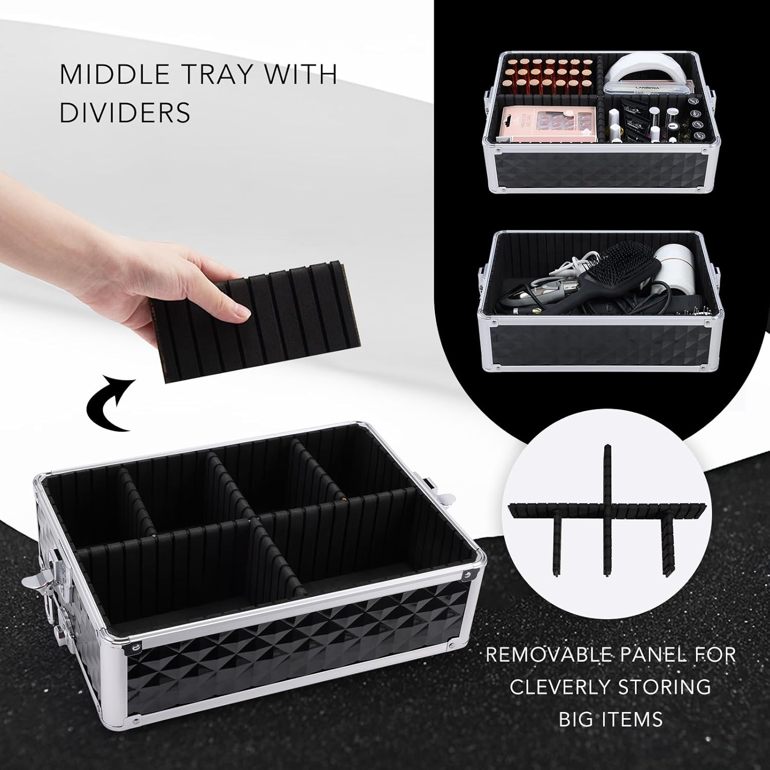 FRENESSA 3 in 1 Rolling Makeup Train Case Professional Cosmetic Trolley Large Storage with Keys Swivel Wheels Salon Barber Case Traveling Cart Trunk for Make Up Hairstylists Nail Tech, Vintage Black - Image 5