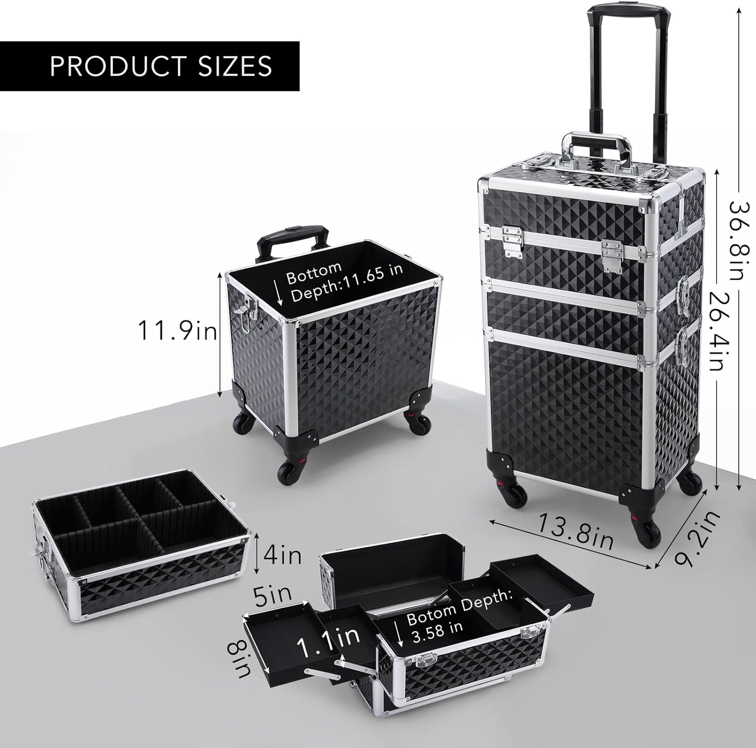 FRENESSA 3 in 1 Rolling Makeup Train Case Professional Cosmetic Trolley Large Storage with Keys Swivel Wheels Salon Barber Case Traveling Cart Trunk for Make Up Hairstylists Nail Tech, Vintage Black - Image 6