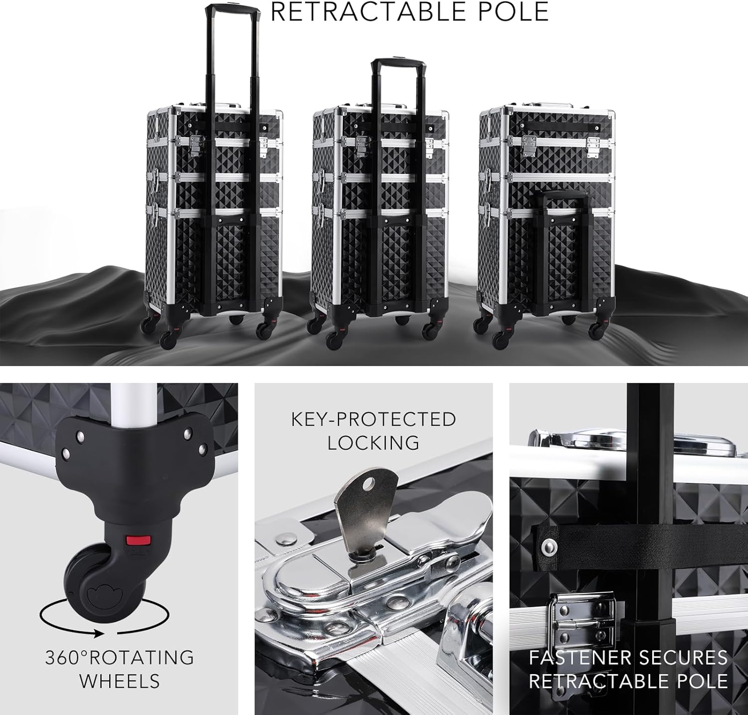 FRENESSA 3 in 1 Rolling Makeup Train Case Professional Cosmetic Trolley Large Storage with Keys Swivel Wheels Salon Barber Case Traveling Cart Trunk for Make Up Hairstylists Nail Tech, Vintage Black - Image 7