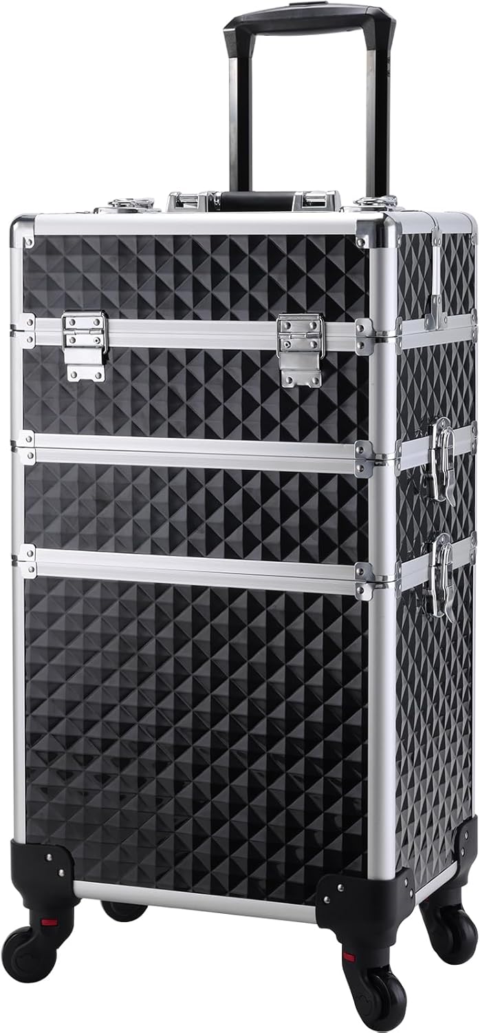 FRENESSA 3 in 1 Rolling Makeup Train Case Professional Cosmetic Trolley Large Storage with Keys Swivel Wheels Salon Barber Case Traveling Cart Trunk for Make Up Hairstylists Nail Tech, Vintage Black - Image 8