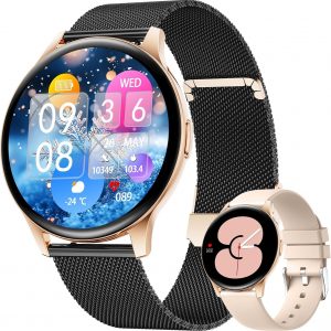 LIGE Smart Watch for Women, 1.43" AMOLED Screen Smartwatch with Answer/Make Call for iPhone/Android/Samsung,Fitness Tracker with 120+ Sport Modes,Health Monitor, IP68 Waterproof,2 Bands,Black Gold