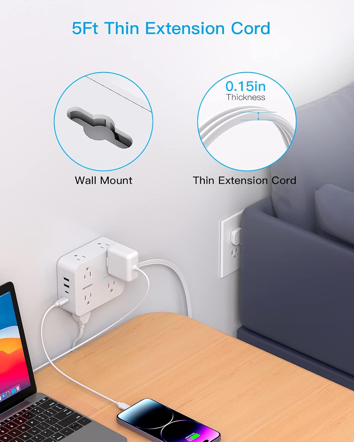 Surge Protector Power Strip, HANYCONY Extension Cord with Multiple Outlets, 5 Ft Ultra Thin Flat Plug 8 Outlets 4 USB Ports(2USB C), 1080J Outlet Extender for Home Office College Dorm Room Essentials - Image 7