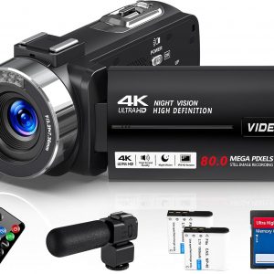 4K 80MP Camcorder Video Camera 18X Digital Zoom 3.0 IPS Screen Vlogging Camera for YouTube IR Night Vision Video Recorder with 32GB SD Card, 2 Batteries, Remote Control, Microphone