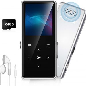 64GB MP3 Player with Bluetooth 5.2, AiMoonsa Music Player with Built-in HD Speaker, FM Radio, Voice Recorder, HiFi Sound, E-Book, Earphones Included, Silver