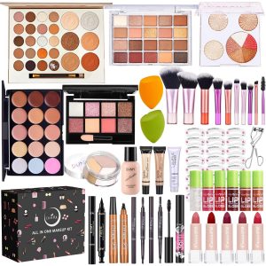 All in One Makeup Kit for Women Full Kit, Make Up Gift Set, Makeup Essential Bundle Includes Foundation Eyeshadow Palette Concealer Lipstick Eyeliner Eyebrow Stencils Mascara Cosmetic Brush Set