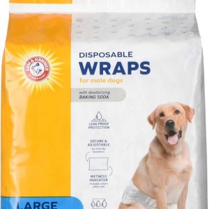 Arm & Hammer Large Male Dog Wraps, Disposable Belly Band Diapers with Baking Soda Odor Control, Super Absorbent Leak Resistant Design for Marking and Incontinence, 18-27 Inch Waist, 12 Count