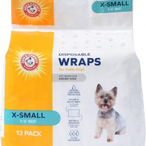 Arm & Hammer for Pets Dog Wraps for Male Dogs, Super Absorbent Baking Soda Enhanced Dog Wraps for Odor Control, X-Small, 6 Pack, 72 Count Total