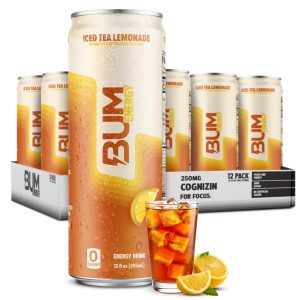 BUM Sugar-Free Energy Drink, Iced Tea Lemonade - No Artificial Colors, Natural Caffeine & Citicoline for Energy & Focus, Brain Boost & Workout Sports Beverage - 12 oz, Pack of 12