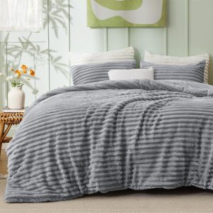 Bedsure Queen Comforter Set - GentleSoft™ 3 Pieces Fluffy Double-Side Fleece Comforter Set, Cozy Striped Room Decor Aesthetic, Luxury Grey Bedding Queen Size with 2 Pillowcases, 90x90 Inches