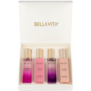 BellaVita Luxury Women's Perfume Gift Set | 4x20ml | Notes of Floral, Sweet, Spicey Red Fruit, Vanilla & Musk | DATE, SENORITA, GLAM & ROSE | French Parfum | Best gift for Valentine's Day