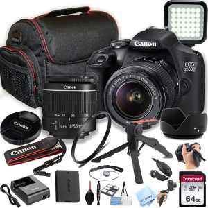 Canon EOS 2000D / Rebel T7 DSLR Camera w/EF-S 18-55mm F/3.5-5.6 Zoom Lens + 64GB Memory, LED Video Light, Case, Gripster Tripod, and More (Essential Bundle) (Renewed)