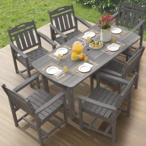 Ciokea HDPE Outdoor Dining Set, 7-Piece Patio Table and Chairs Set with Umbrella Hole, All-Weather Patio Dining Sets for 6, Durable Patio Furniture for Backyard, Garden, Lawn & Poolside, Grey