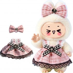 Clothes for LABUBU 6.7inch (17cm) Doll, Cute Outfit Small Dress and Hairpin, Dress Up, Accessories (No Doll) (Pink Dress)