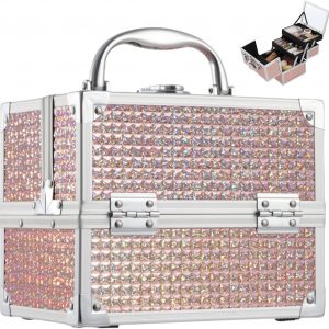 Costravio Makeup Box with Mirror, Makeup Organizer Case Train Case for Girls Women Kids Make up Box Makeup Case Organizer with Lock and Key Storage Vanity for Polishes Cosmetic Jewelry, Shiny Pink