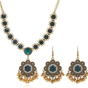 Dtja Boho Flower Ball Jhumka Jewelry Set for Women Gold Tone Indian Green Rhinestone Balls Tassel Statement Dangle Earrings Faux Kundan Choker Pendant Necklace Ethnic Traditional Wedding Holiday