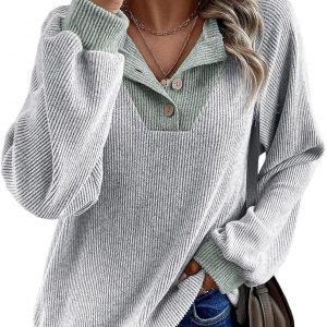 EVALESS Womens Spring Fashion 2026 Womens Long Sleeve Shirts Patchwork Button Up V Neck Sweatshirt Casual Pullover Tops