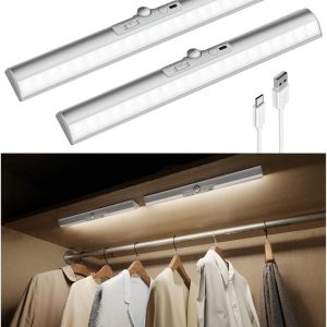 EZVALO 15in Motion Closet Lights with Rotatable Sensor, Rechargeable Under Cabinet Lighting, No-Glare, 3 Color Temps & Dimmable LED Sensor Light Indoor for Pantry, Wardrobe - 2Pack
