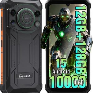 FOSSIBOT 12GB+128GB /2TB Rugged CallPhone, F110 Series Android 15 Smartphone, 10000mAh Unlocked Phone,128dB Loud Volume 6.745" 50MP Camera Waterproof Phone Dual SIM/Camping Light (2026 Orange)