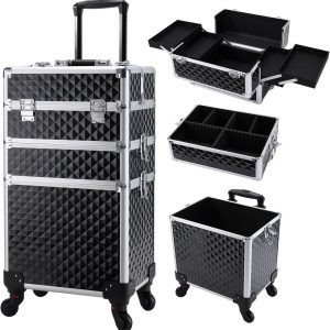 FRENESSA 3 in 1 Rolling Makeup Train Case Professional Cosmetic Trolley Large Storage with Keys Swivel Wheels Salon Barber Case Traveling Cart Trunk for Make Up Hairstylists Nail Tech, Vintage Black