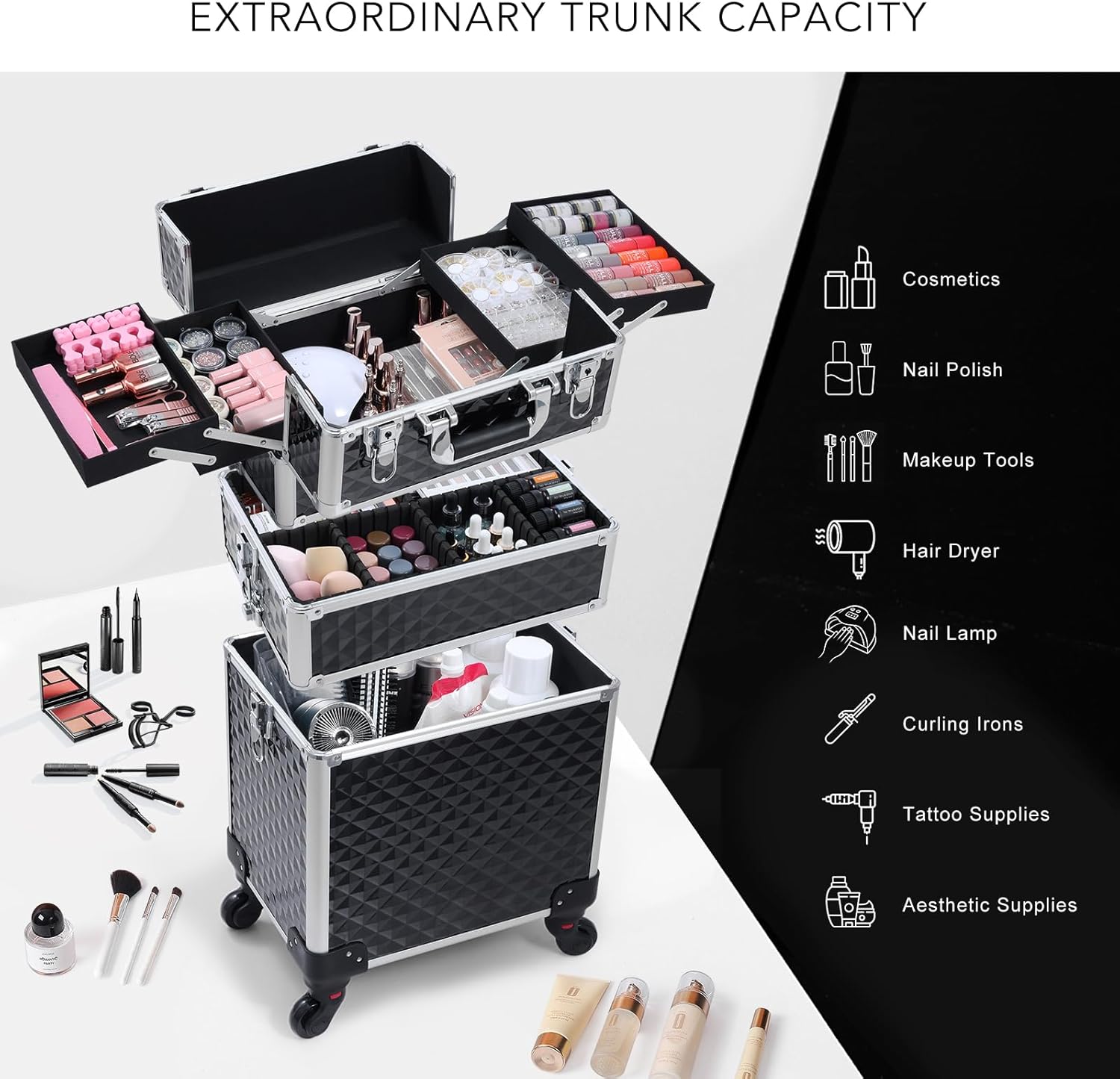 FRENESSA 3 in 1 Rolling Makeup Train Case Professional Cosmetic Trolley Large Storage with Keys Swivel Wheels Salon Barber Case Traveling Cart Trunk for Make Up Hairstylists Nail Tech, Vintage Black - Image 2