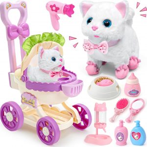 G.C Cat Toys for Kids Girls, Electronic Interactive Stuffed Cat Walk Meow and Wag Tail with Stroller Pet Care Accessories Toys Pretend Play Birthday Gifts for Toddlers Girls 3 4 5 6 7 8 Year Old