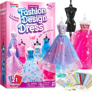 Klever Kits 400+PCS Fashion Design Crafts for Kids, Art and Crafts, DIY Sewing Kits with 3 Mannequins for Girls Aged 8-12, Birthday Presents, Toys for Kids