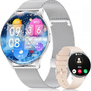 LIGE Smart Watch for Women, 1.43" AMOLED Screen Smartwatch with Answer/Make Call for iPhone/Android/Samsung,Fitness Tracker with 120+ Sport Modes, Sleep/Health Monitor, IP68 Waterproof,2 Bands,Silver