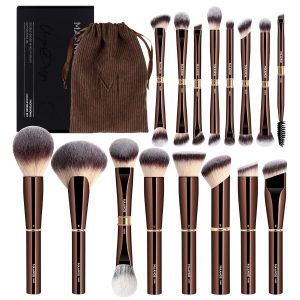 MAANGE Makeup Brushes 16Pcs Professional Foundation Powder Blush Contour Eyeshadows Double-End Makeup Brushes Set with Bag and Gift Box-CoffeeBrown