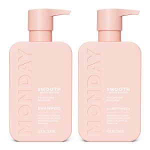MONDAY HAIRCARE Smooth Shampoo + Conditioner Bathroom Set (2 Count) 12 oz Each For Frizzy, Coarse & Curly Hair Made with Coconut Oil, Shea Butter & Vitamin E 100% Recyclable Bottle Pink
