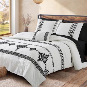 MaiRêve Embroidery Comforter Set Queen Size - 7 Piece, White Boho Western Bedding All Season Bed in A Bag, Farmhouse Queen Comforter Set with Sheets, Pillowcases & Shams