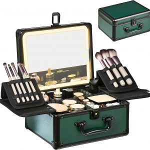 Makeup Case with Lighted Mirror, Makeup Box Organizer with Detachable LED Mirror, Travel Makeup Train Case, Waterproof Cosmetic Organizer, Standing Makeup Brush Holder, Gift, Black Green