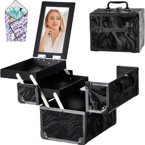 Makeup Train Case, Portable Makeup Case with Mirror, 2-Trays Cosmetic Organizer Case,Nail Polish Organizer, Travel Makeup Box, Profesional for Salon Barber, Pattern Black