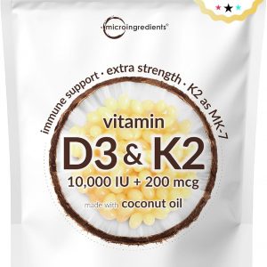 Micro Ingredients Vitamin D3 10,000 IU + K2 MK-7 200 mcg, 300 Softgels with Virgin Coconut Oil | 2-in-1 Vitamins D & K Complex | Extra Strength, Easy to Swallow, Non-GMO, Gluten Free