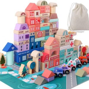 Migargle Wooden Building Blocks Set, City Construction Stacker Stacking Preschool Learning Educational Toys, Toddler Toys for 3+ Year Old Boy and Girl Gifts