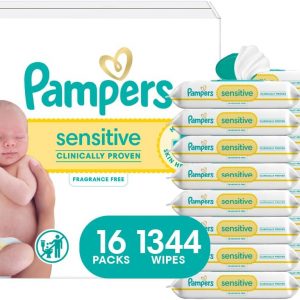 Pampers Baby Wipes, Sensitive, Water Based Wipe, Clinically Proven, Hypoallergenic, and Unscented for Babies, 1344 Wipes Total (16 Flip-Top Packs) [Packaging May Vary]