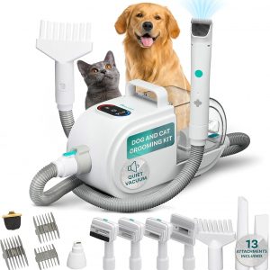 PetCove Dog Grooming Kit – Pet Clippers, Nail Grinder & Blow Dryer with Quiet 3-Speed Suction, 3 Heat Settings, 2.6L Dog Hair Vacuum Dust Bin, HEPA System, Self-Cleaning Brushes