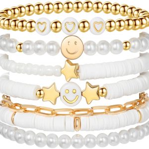 Preppy Bracelets Set Colorful White Gold Smile Heart Star Polymer Beaded Pearl Clay Stackable Charm Y2K Kidcore Aesthetic Summer Beach Bohemian Stretch Layering Bracelets Jewelry for Girls Women Teens