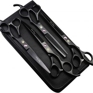 Purple Dragon Professional 7.0 inch 4PCS Pet Grooming Scissors Kit Japan Premium Steel Straight, Curved & Thinning Blade Dog Hair Cutting Shears Set with Case
