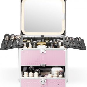 Qislee Makeup Box with Drawer and A Detachable Lighted Mirror, Waterproof Travel Train Case, Cosmetic Organizer and Makeup Suitcase with Adjustable Dividers, Magnetic LED Mirror (ICY Pink)