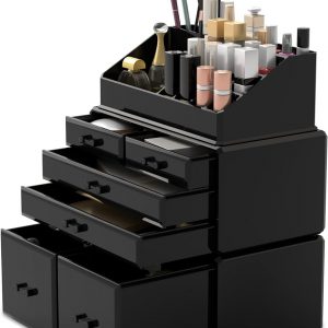 READAEER Makeup Organizer 3 Pieces Cosmetic Storage Case with 6 Drawers (Black)