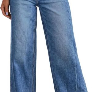 Sidefeel Women's Wide Leg Jeans High Waisted Stretchy Raw Hem Zimbaplatinum Denim Pants