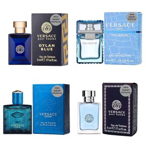 Versace Cologne for Men Set of 4 Mini Eros, Pour Homme, Dylan Blue, Eau Fraiche Perfume for Men Fragrance Sampler Set - Designer Mens Cologne Samples (4 Count, 0.17 oz)