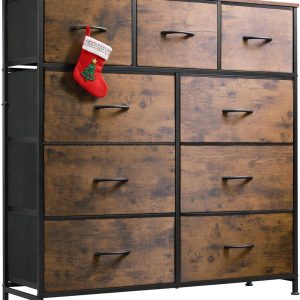 WLIVE 9-Drawer Dresser, Fabric Storage Tower for Bedroom, Hallway, Entryway, Closet, Tall Chest Organizer Unit with Fabric Bins, Steel Frame, Wood Top, Easy Pull Handle, Rustic Brown Wood Grain Print