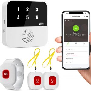 WiFi Caregiver Pager Smart Call System - Display Caller ID & App Alerts, No Monthly Fee, IP65 Waterproof Wristband + 2 Call Buttons, Emergency Alert Button for Elderly at Home & Nursing Care