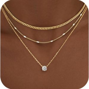 WomenGifts Layered Gold Necklaces for Women, 14K Gold Sterling Silver Plated Dainty Pendant Necklace Set with Cubic Zirconia Circle, Chunky Stackable Cuban Chain Choker, Trendy Personalized Birthstone Jewelry Gift Non Tarnish
