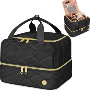 YOREPEK Travel Makeup Organizer Bag, 2-Layer Cosmetic Bags for Women, Portable Makeup Box Cases for Daily Use, Skincare, Brushes, Powders, Palettes, Makeup Tools– cosmetiquera para maquillaje，Black