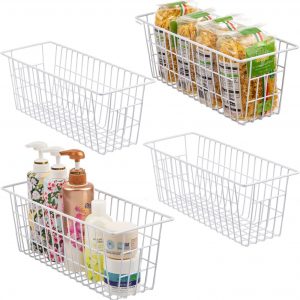 iPEGTOP Freezer Baskets, Set of 4 Farmhouse Metal Wire Basket Freezer Storage Wire Baskets Organizer Wire Storage Basket for Kitchen Pantry Organizer Bins (White)